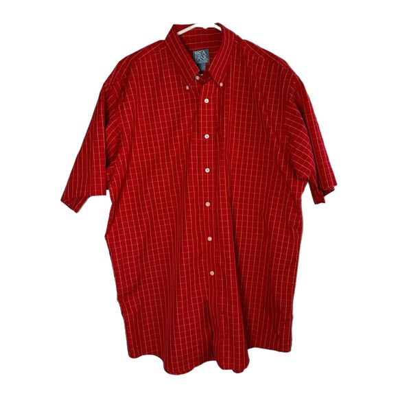 Jos. A. Bank Red & Tan Plaid Short-sleeve Button Down Shirt, Large, Pre-owned - Picture 3 of 7